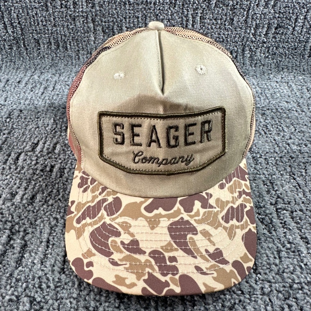 Seager Trucker Hat Mens OS Duck Camo Khaki Logo Patch Snapback Cap Mesh Back